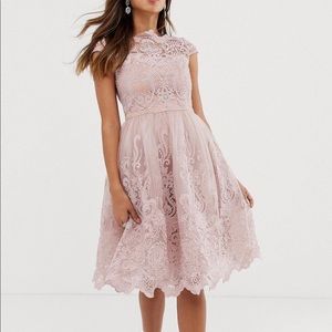 Chi Chi London premium lace midi prom dress with Bardot neck in mink